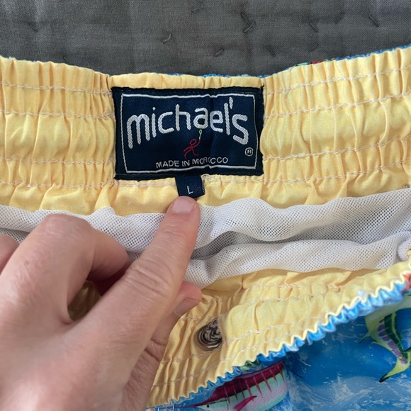 Michaels Blue Swim Shorts Trunks Fish Marlin Drawstring Size Large Pockets Brief - Picture 2 of 8